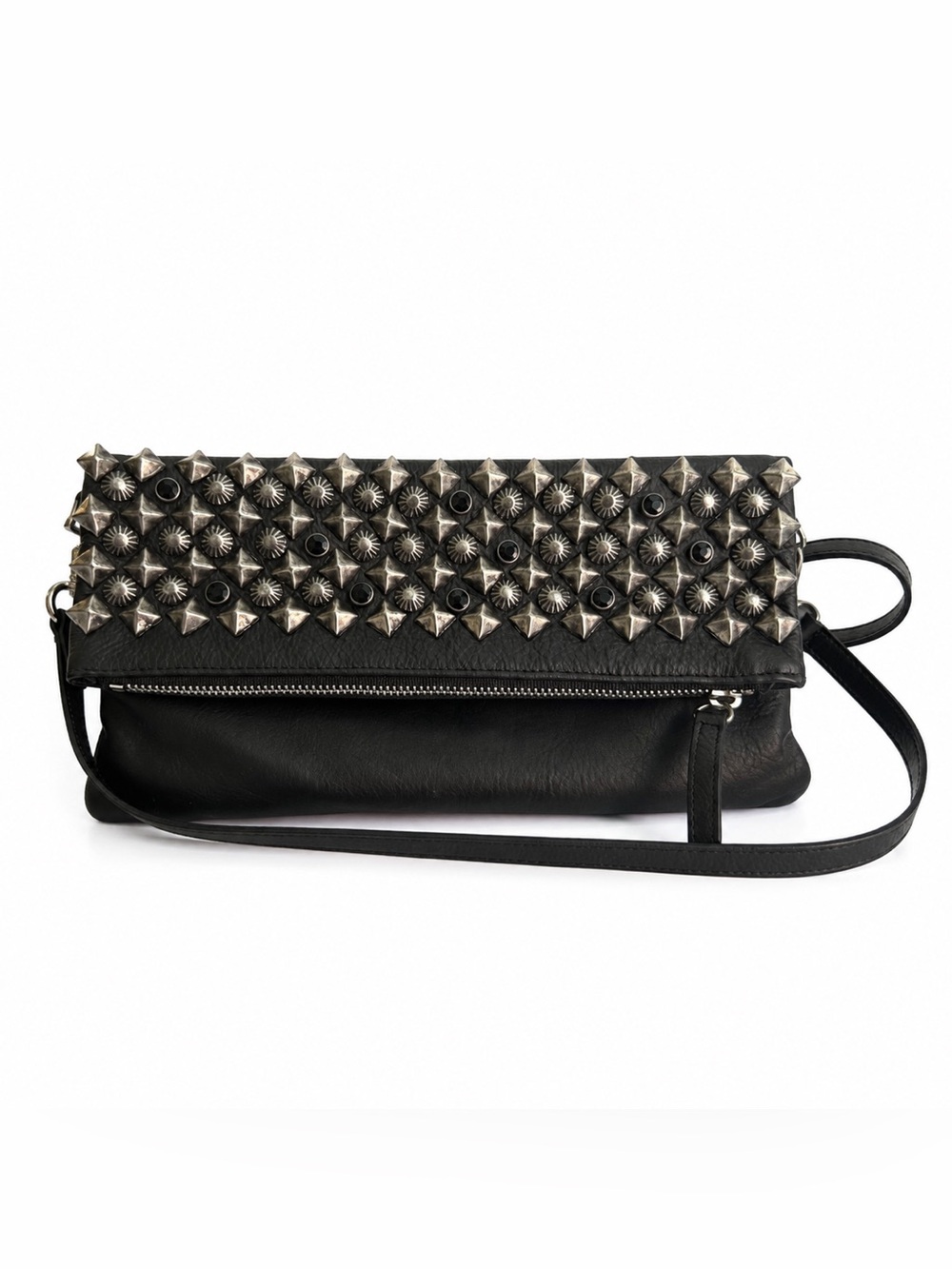 ASH Black Leather Studded Convertible Crossbody Clutch Bag